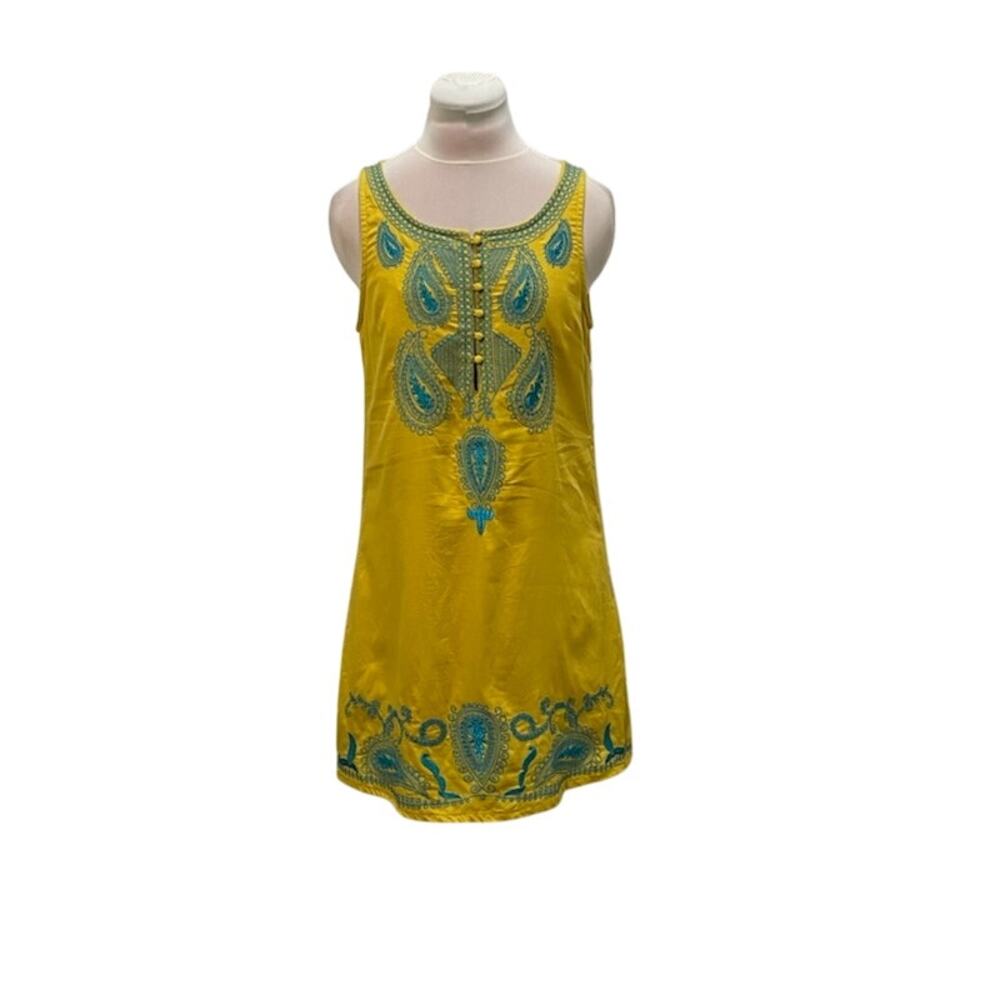 CECICO Mustard & Teal Embroidered Paisley Tank Dress Medium Boho Festival Cotton